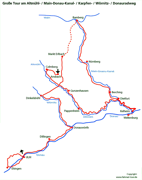 Rundtour in Franken an Altmühl, MD-Kanal, Karpfenradweg, Wörnitz und Donau